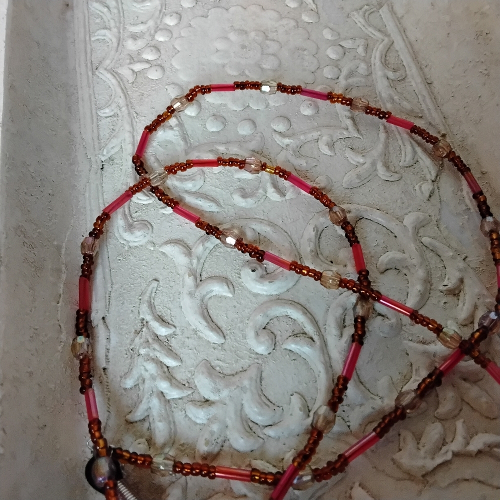Eye Glasses Strap 26" Seed Beads Pink and Brown
